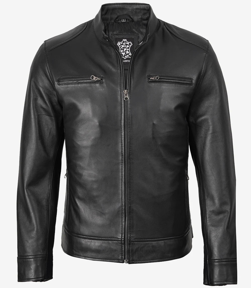 Schwarze Herrenjacke aus Lammleder im Bikerstil