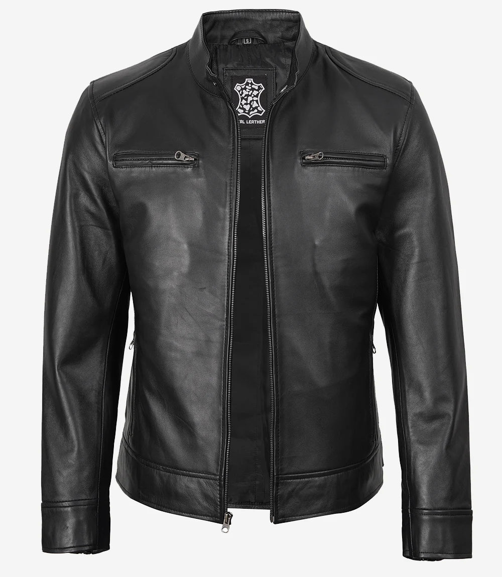 Schwarze Herrenjacke aus Lammleder im Bikerstil