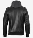 Men's Black Leather Jacket with Grey Removable Hood