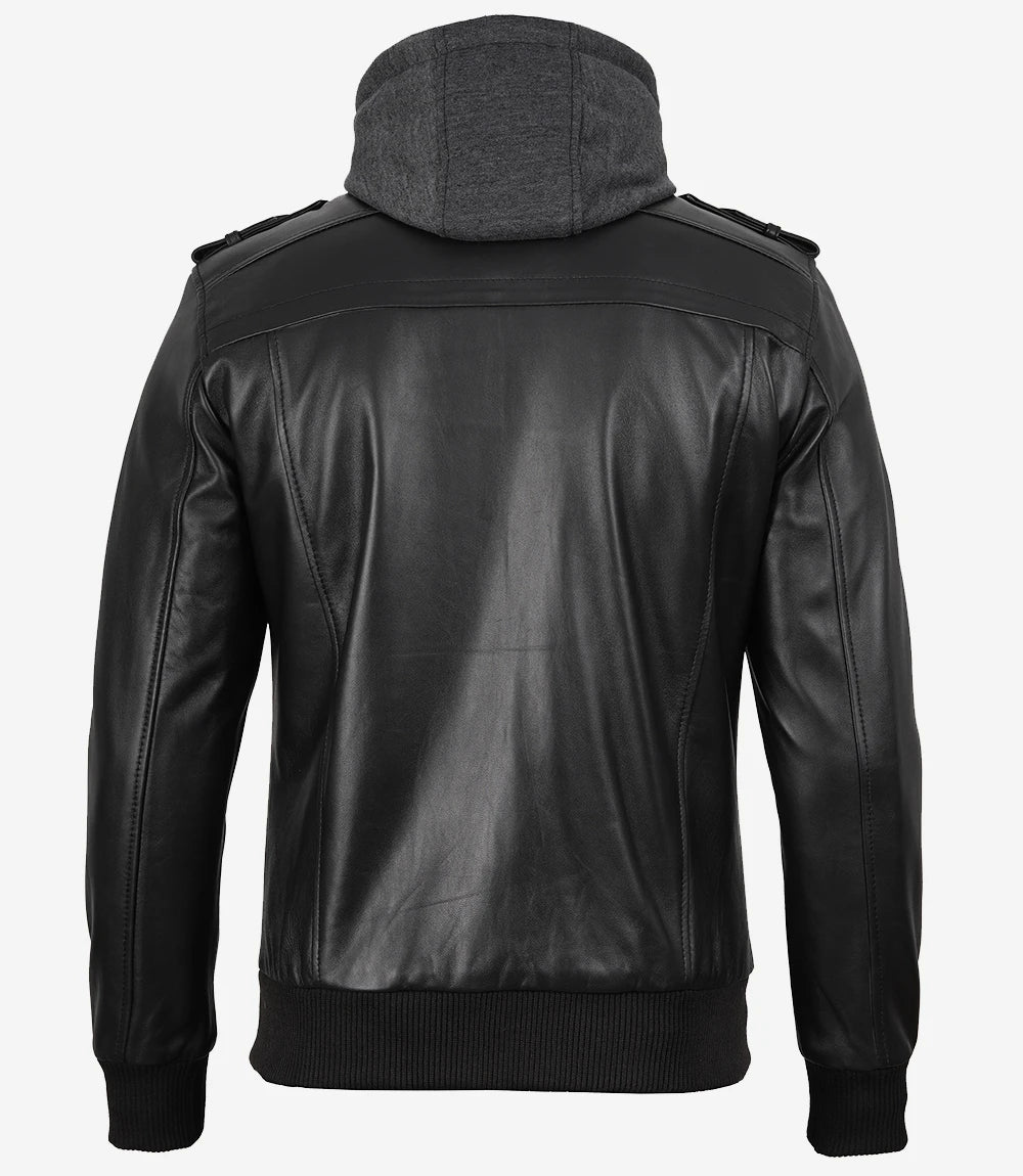 Men's Black Leather Jacket with Grey Removable Hood