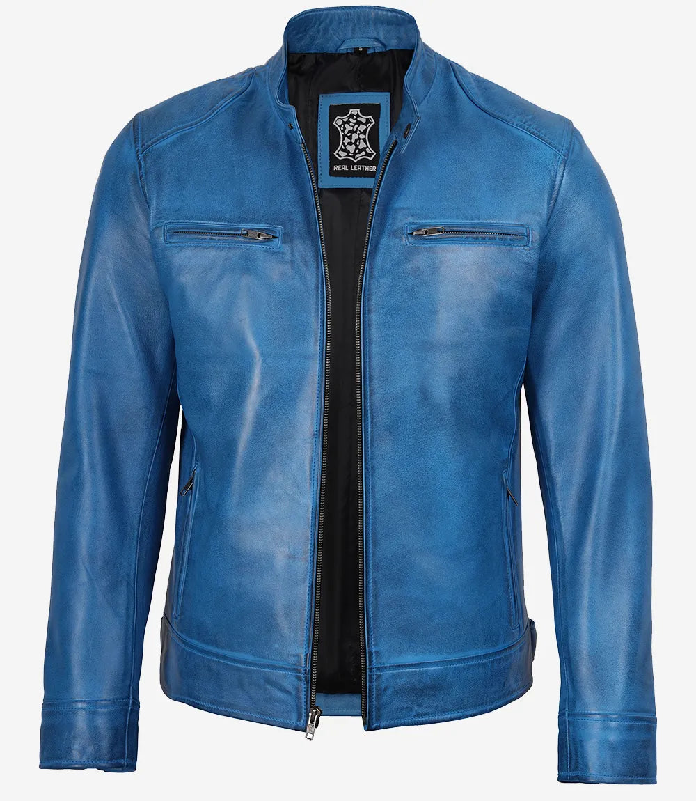 Herrenjacke aus echtem Leder im Used-Look, blau, im Biker-Stil