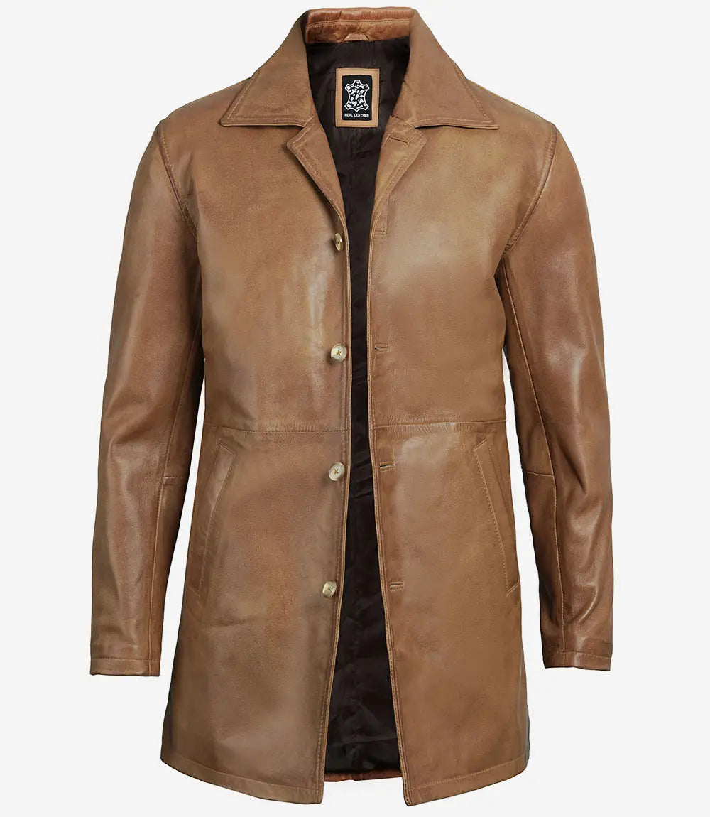 Mens Tall Camel Brown 3 4 Length Leather Coat