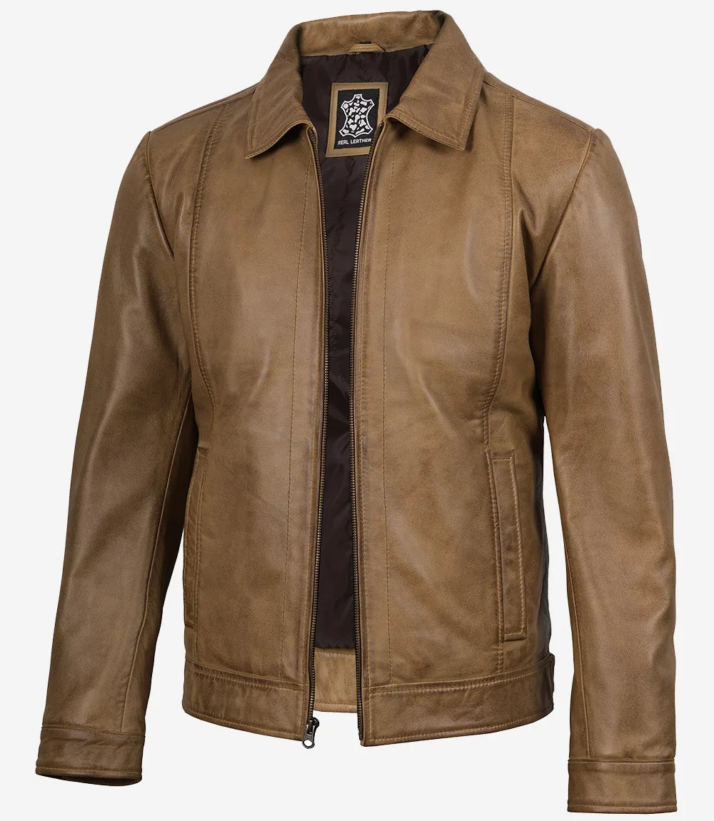 Mens Shirt Collar Yellow Waxed Leather Jacket 