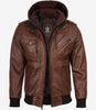 Mens Cognac Leather Bomber Jacket With Removable Hood
