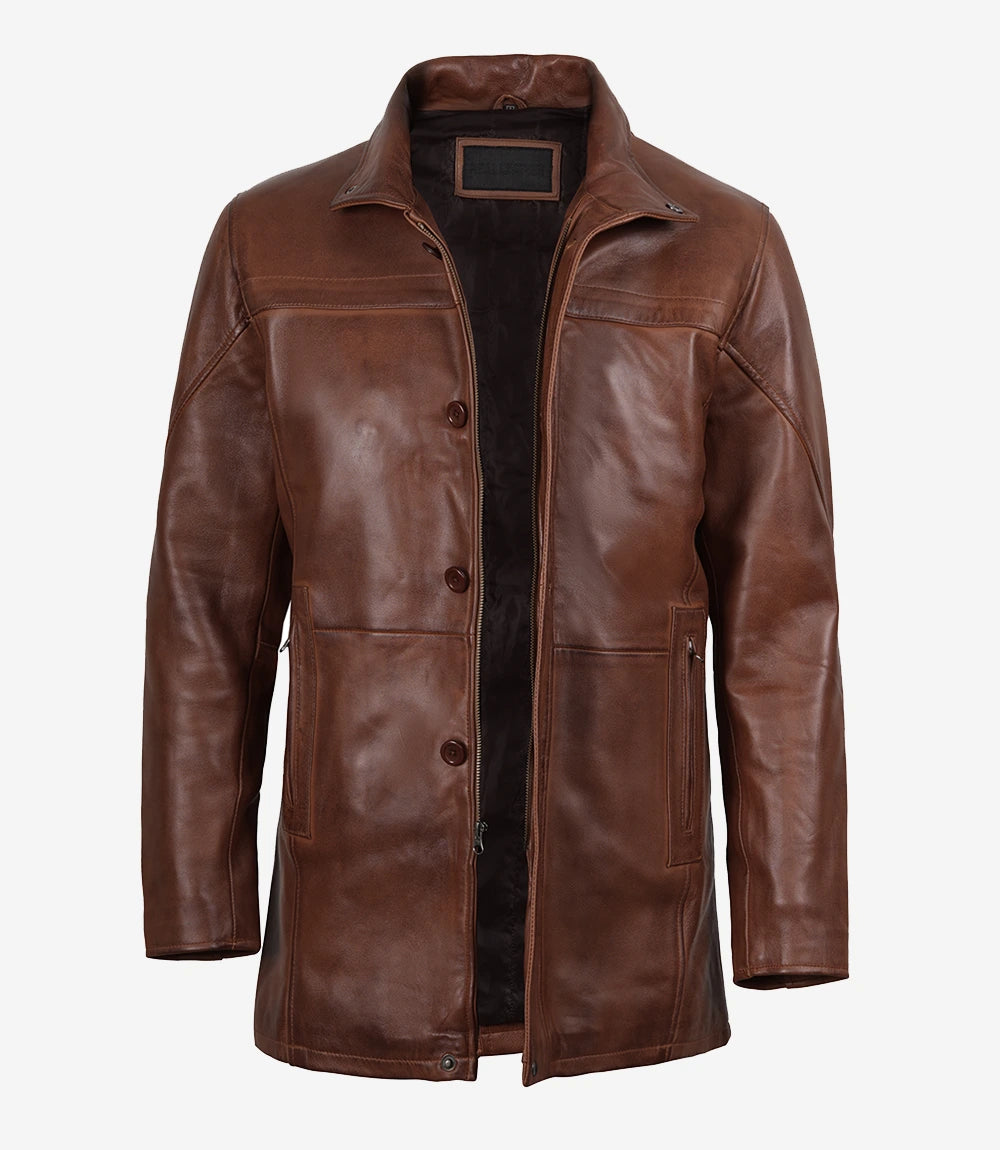 Mens Brown Leather Car Coat