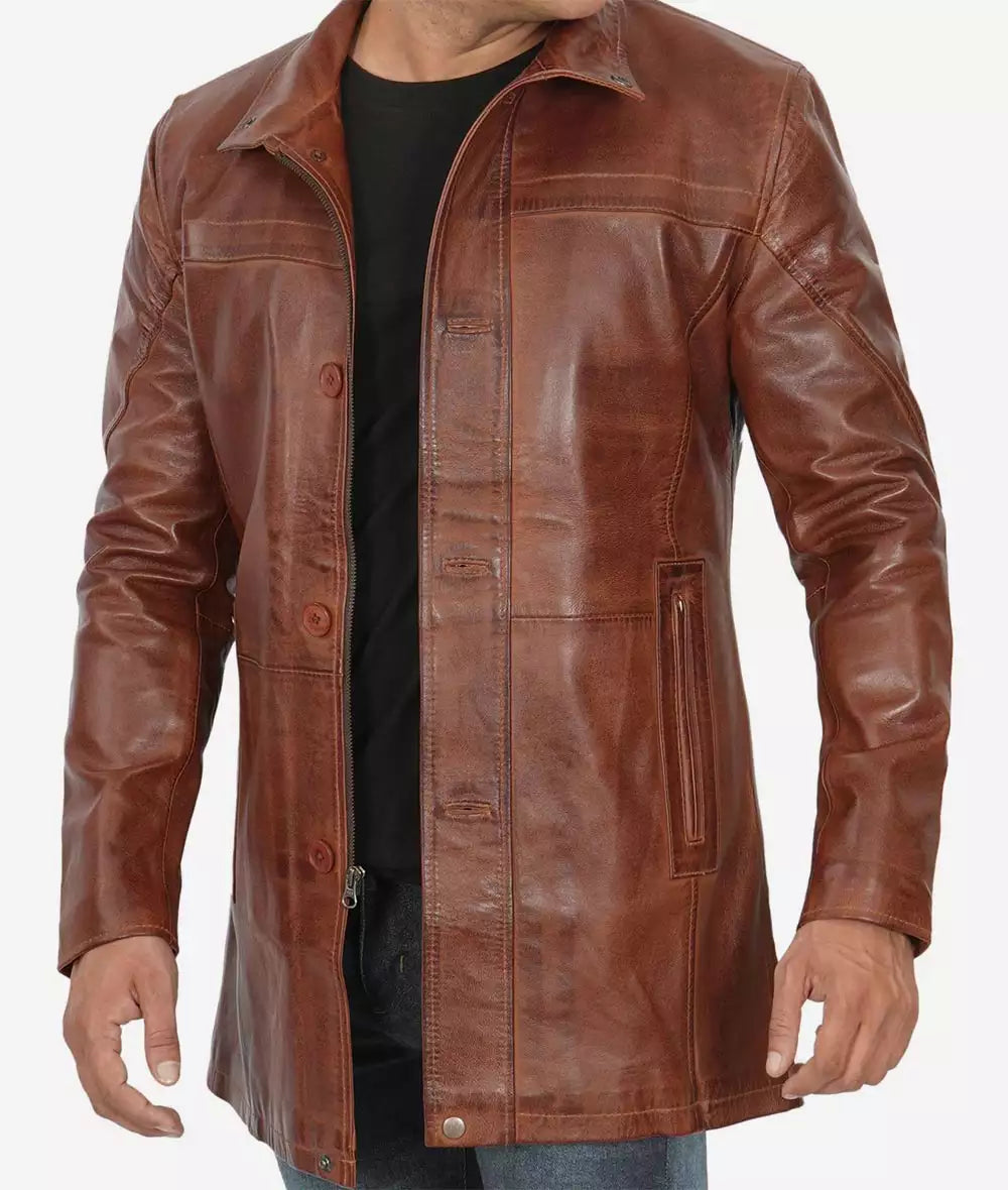 Mens Tall Cognac Waxed Brown Mid Length Leather Car Coat