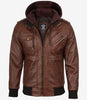 Mens Cognac Leather Bomber Jacket With Removable Hood