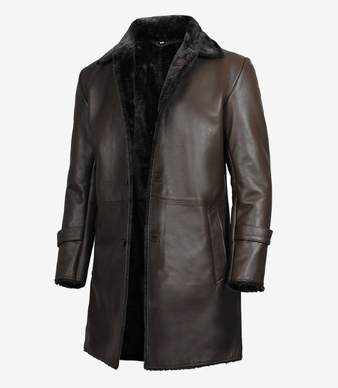Mens Shearling Lined 3 4 Length Dark Brown Leather Coat