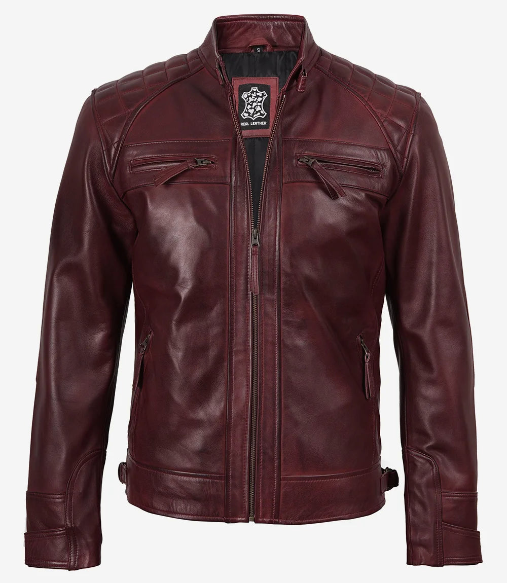 Mens Real Leather Burgundy Biker Jacket - Quilted Shoulder