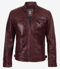 Mens Real Leather Burgundy Biker Jacket - Quilted Shoulder
