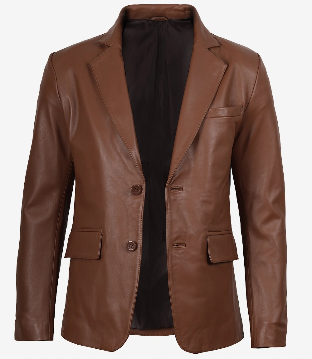 Mens 2 Buttons Brown Leather Blazer
