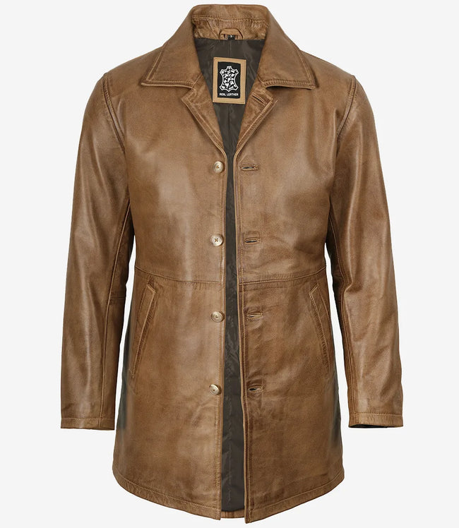 Men's Camel Brown 3/4 Length Leather Coat