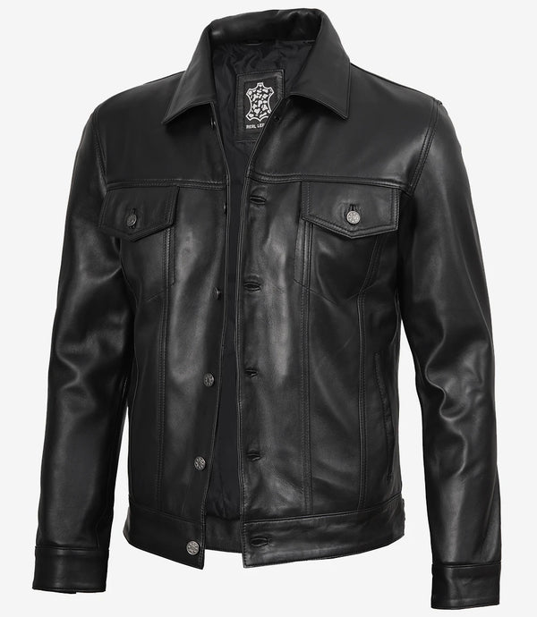 Schwarze Trucker-Jacke aus Leder für Herren mit vier Taschen