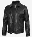 Schwarze Trucker-Jacke aus Leder für Herren mit vier Taschen