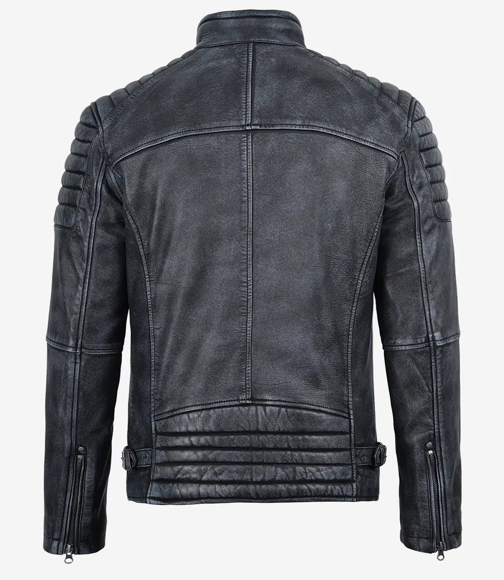 Mens Black Washed Leather Biker Style Jacket