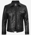 Schwarze Trucker-Jacke aus Leder für Herren mit vier Taschen