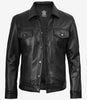 Schwarze Trucker-Jacke aus Leder für Herren mit vier Taschen
