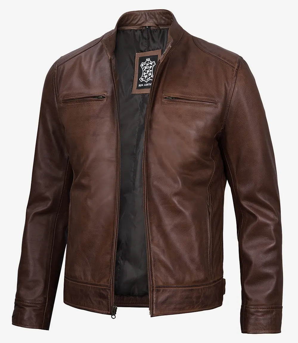 Cognacfarbene Lederjacke im Biker-Stil für Herren