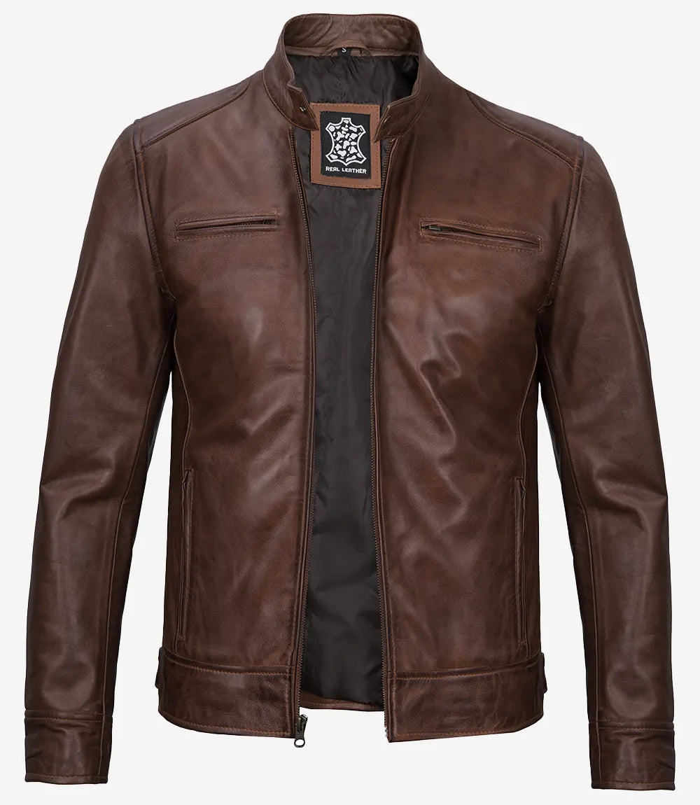 Cognacfarbene Lederjacke im Biker-Stil für Herren