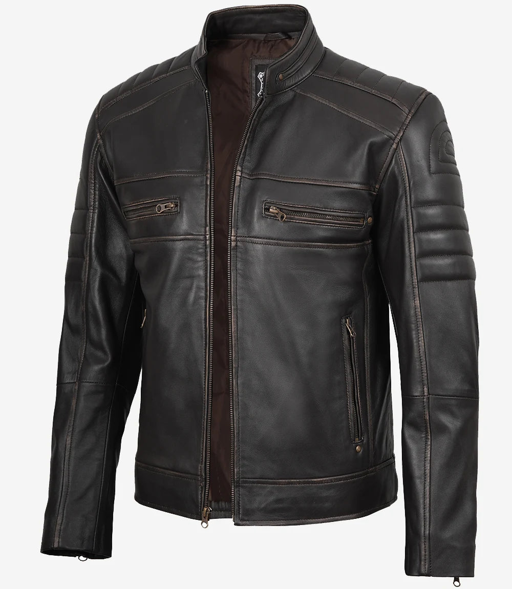 Herrenjacke aus echtem Leder im Used-Look, braun, im Biker-Stil
