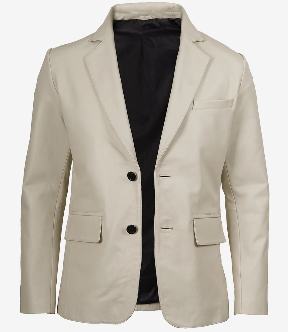 Men's Two Button Notch Lapel Off White Leather Blazer