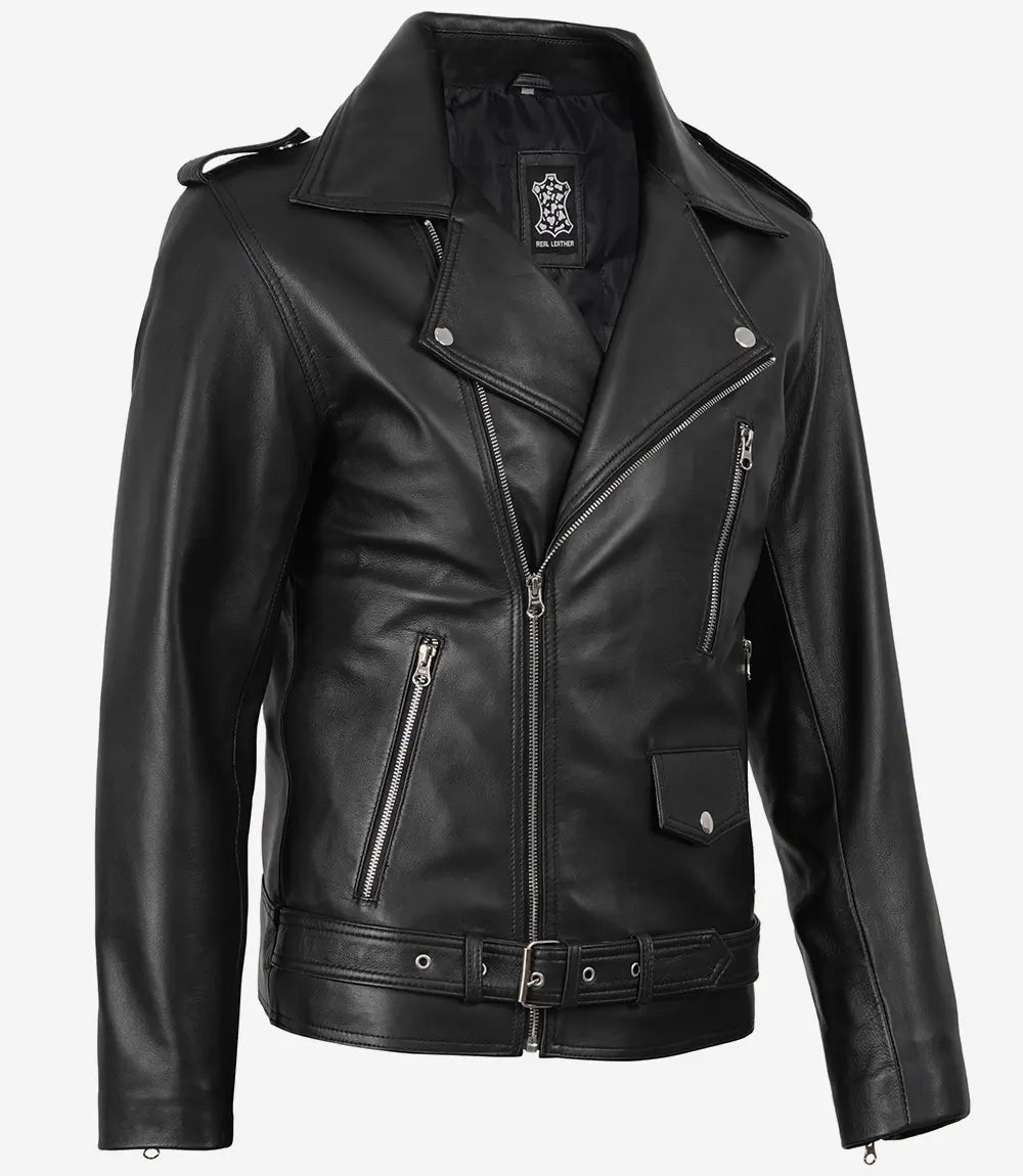 Schwarze asymmetrische Lederjacke für Herren – Motorrad-Stil