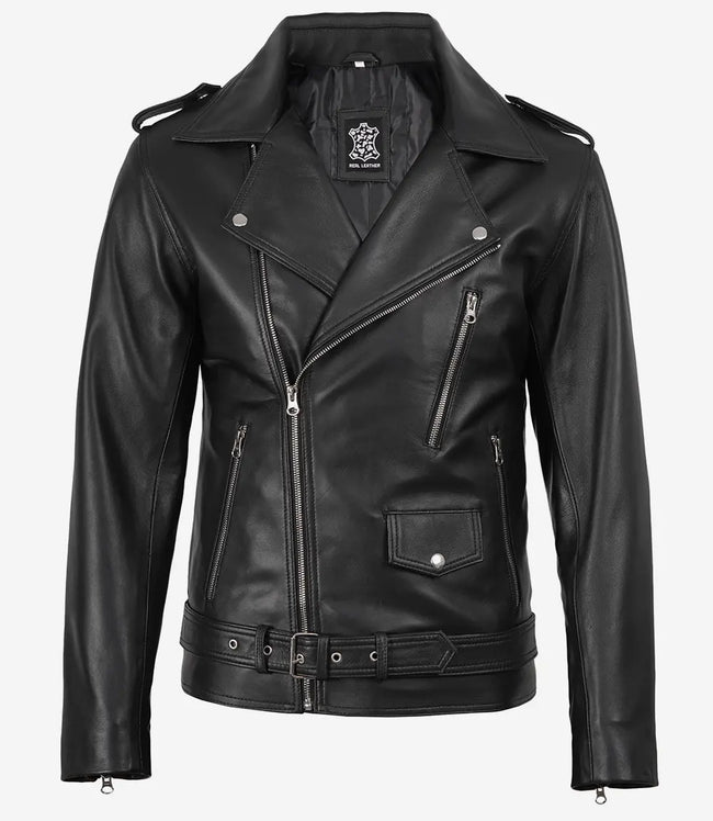 Schwarze asymmetrische Lederjacke für Herren – Motorrad-Stil