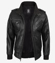 Schwarze Bomberjacke aus Leder für Herren mit abnehmbarer Kapuze
