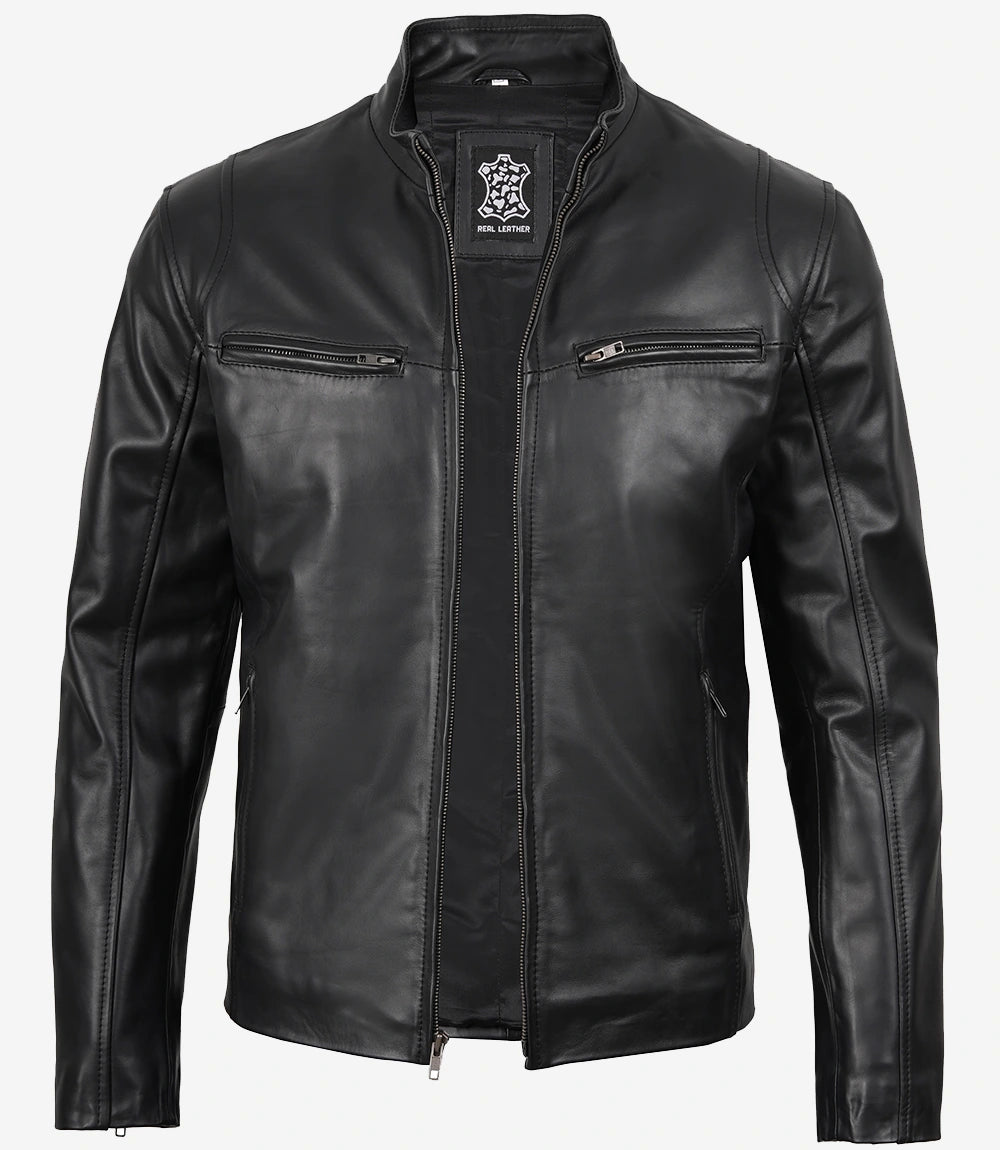 Mens Classic Black Cowhide Biker Style Leather Jacket