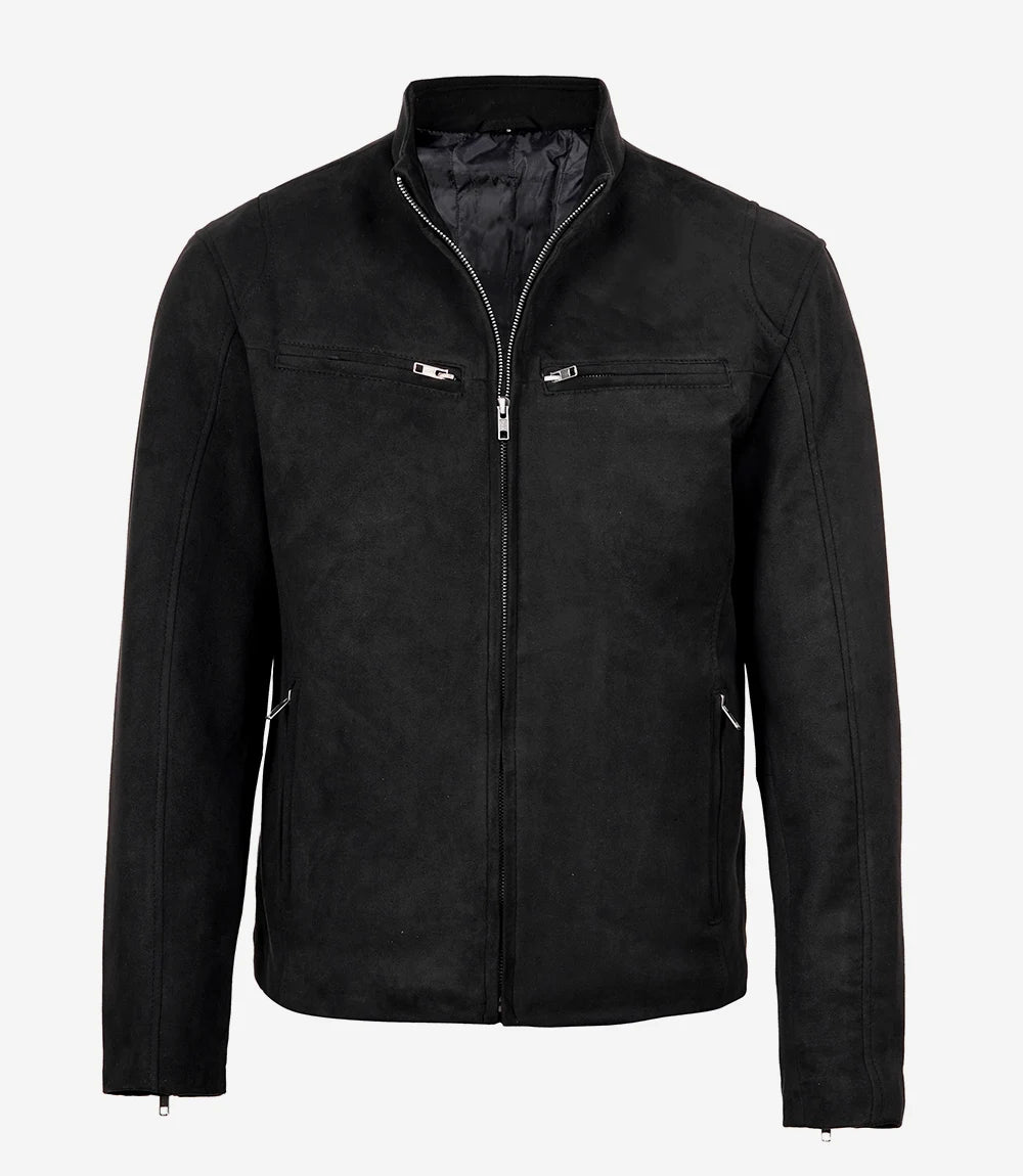 Men's Black Faux Suede Biker Style Jacket – Erect Collar Zip Closure