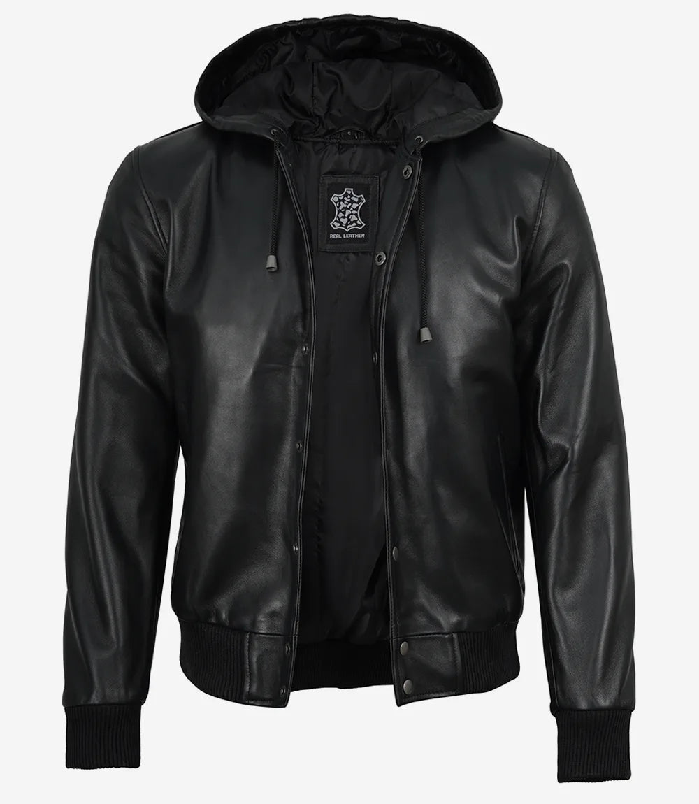 Mens Black Hooded Leather Bomber Jacket - Letterman Style