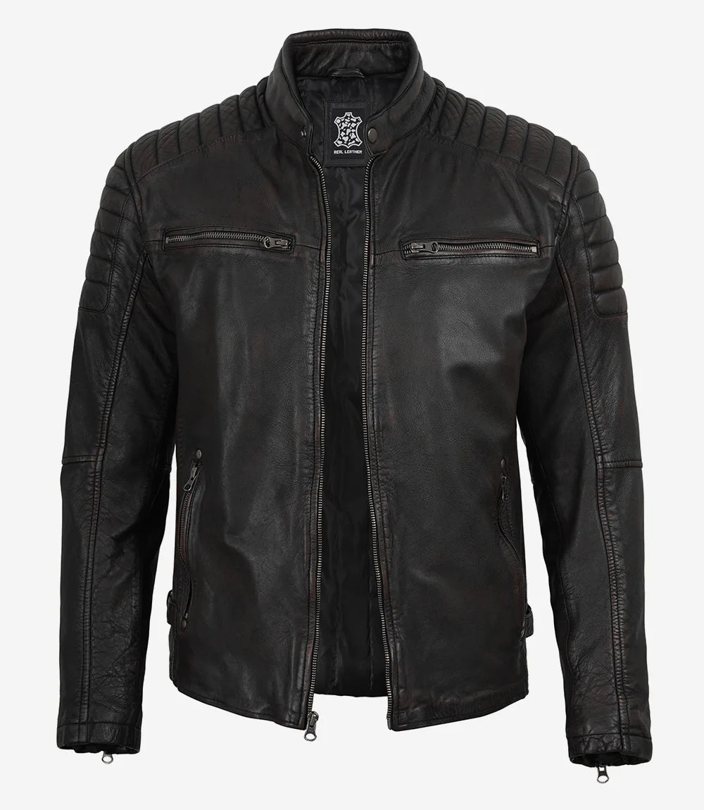 Mens Black Washed Maroon Tone Cafe Racer Leather Jacket