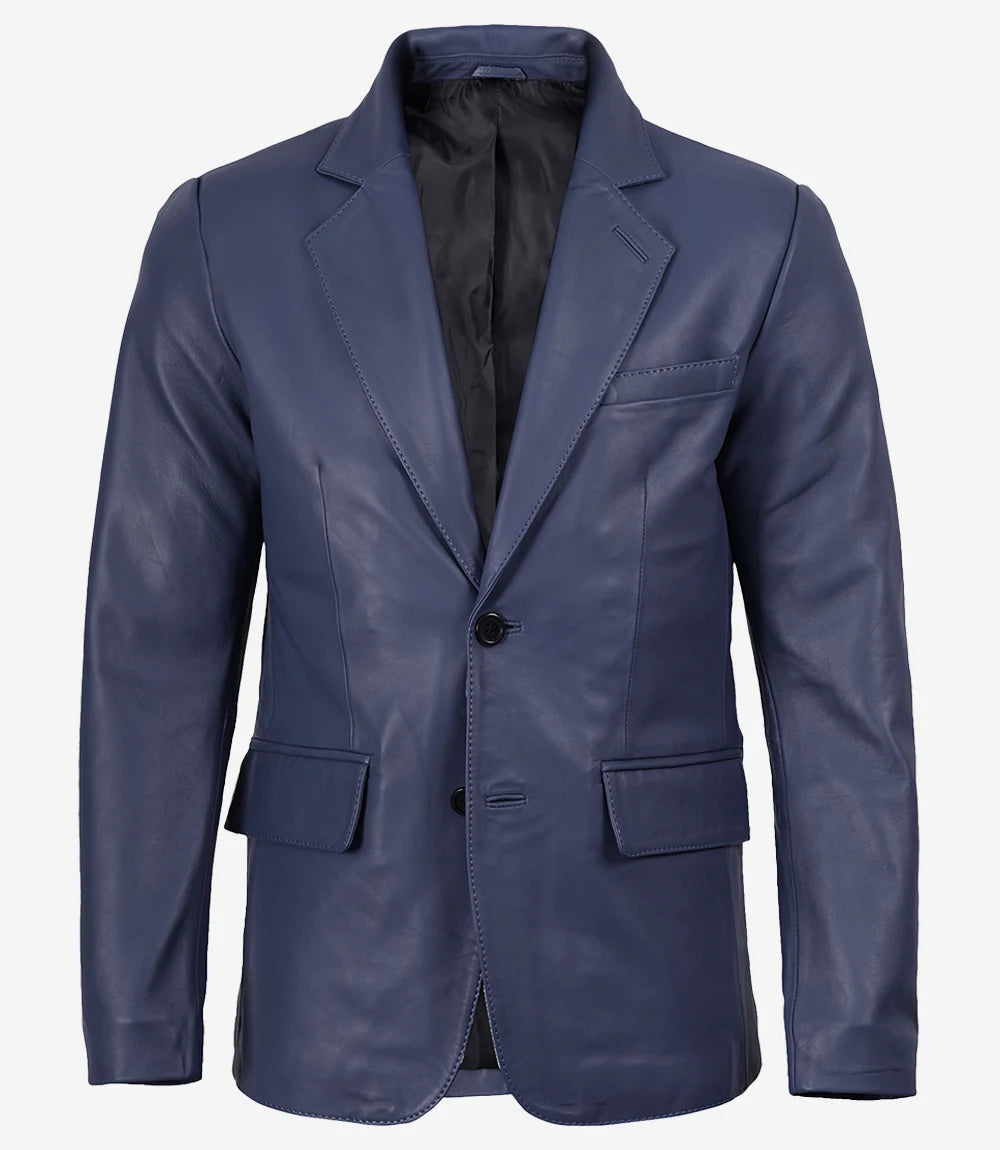 Men's Blue Leather Two-Button Closure Blazer Jacket