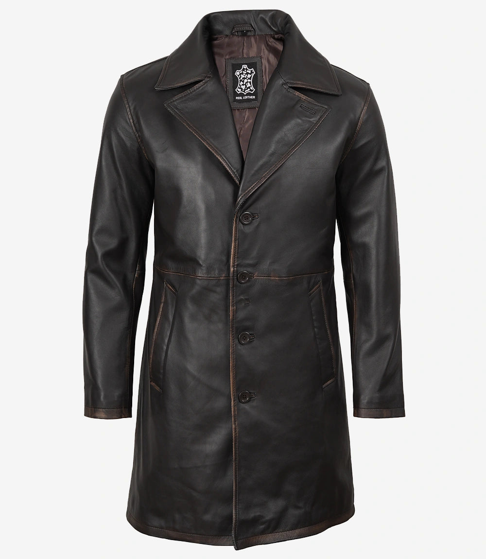 Herren-Automantel aus echtem Leder im Used-Look, Braun