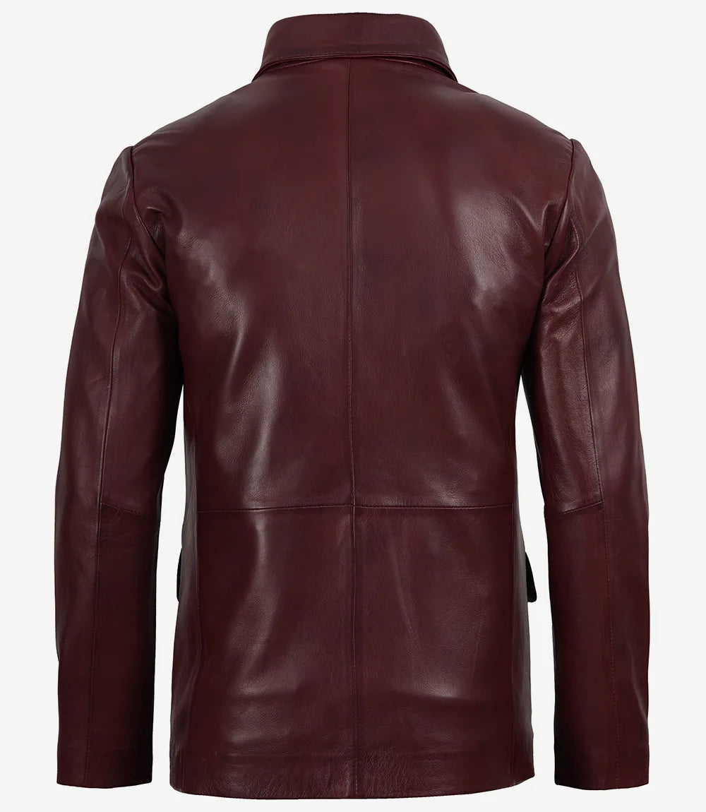 Men's Two Button Notch Lapel Burgundy Waxed Leather Blazer