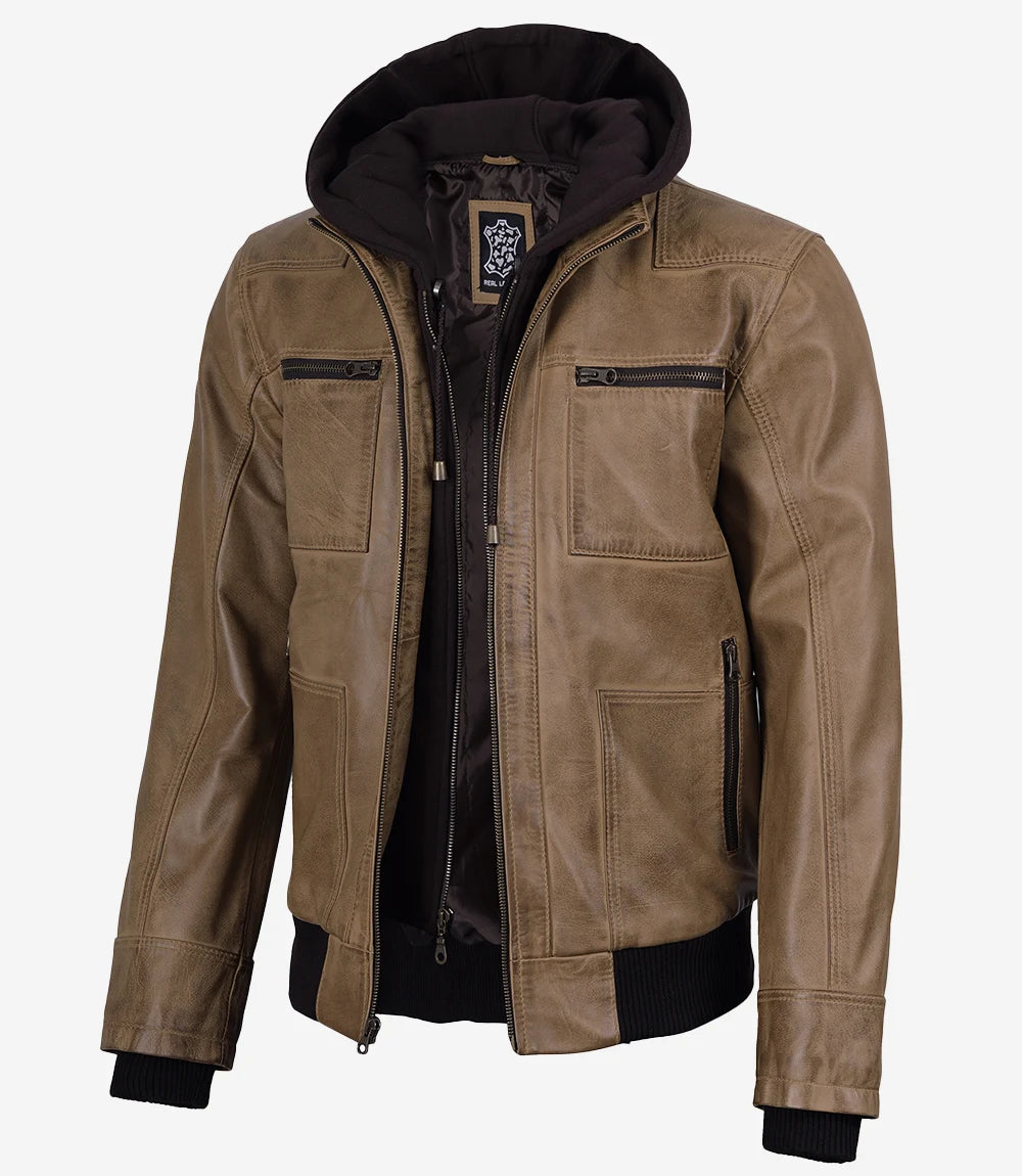 Men's Camel Waxed Leather Hooded Bomber Jacket