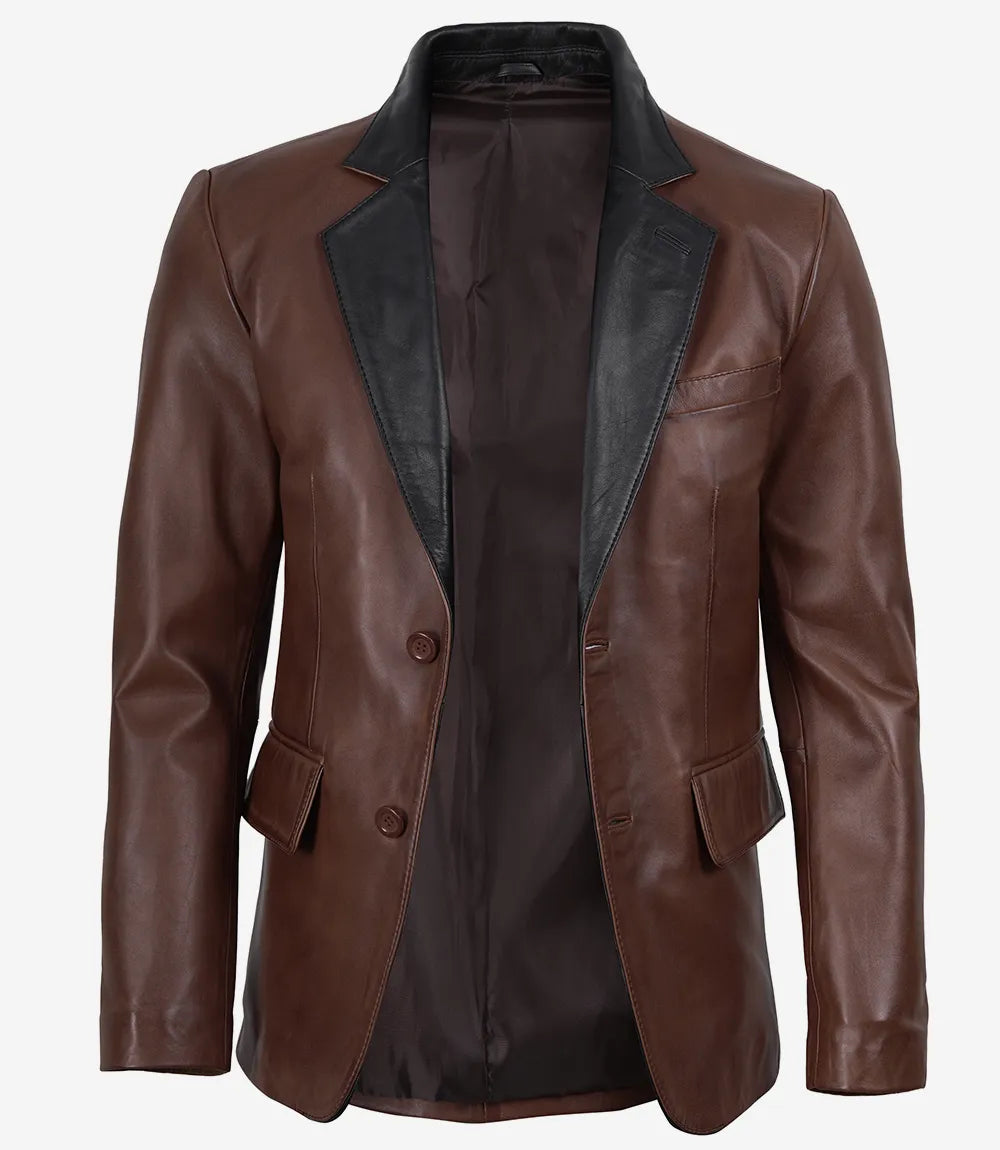 Men's Cognac Waxed Leather Blazer with Contrast Black Lapels