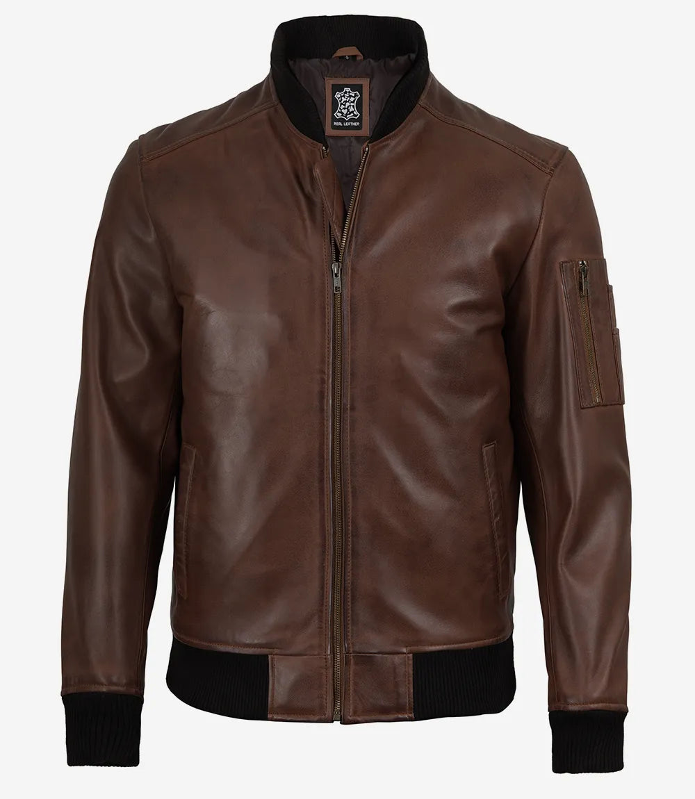 Men's Cognac Waxed Real Leather Bomber Jacket