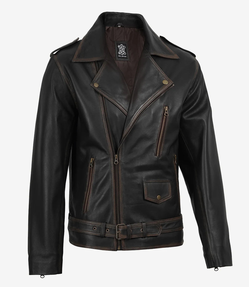 Men's Distressed Dark Brown Leather Biker Style Jacket with Belt