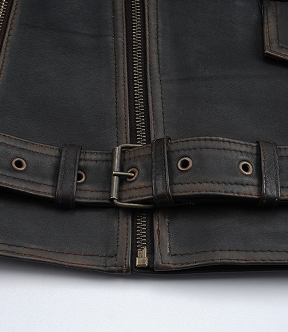 Men's Distressed Dark Brown Leather Biker Style Jacket with Belt