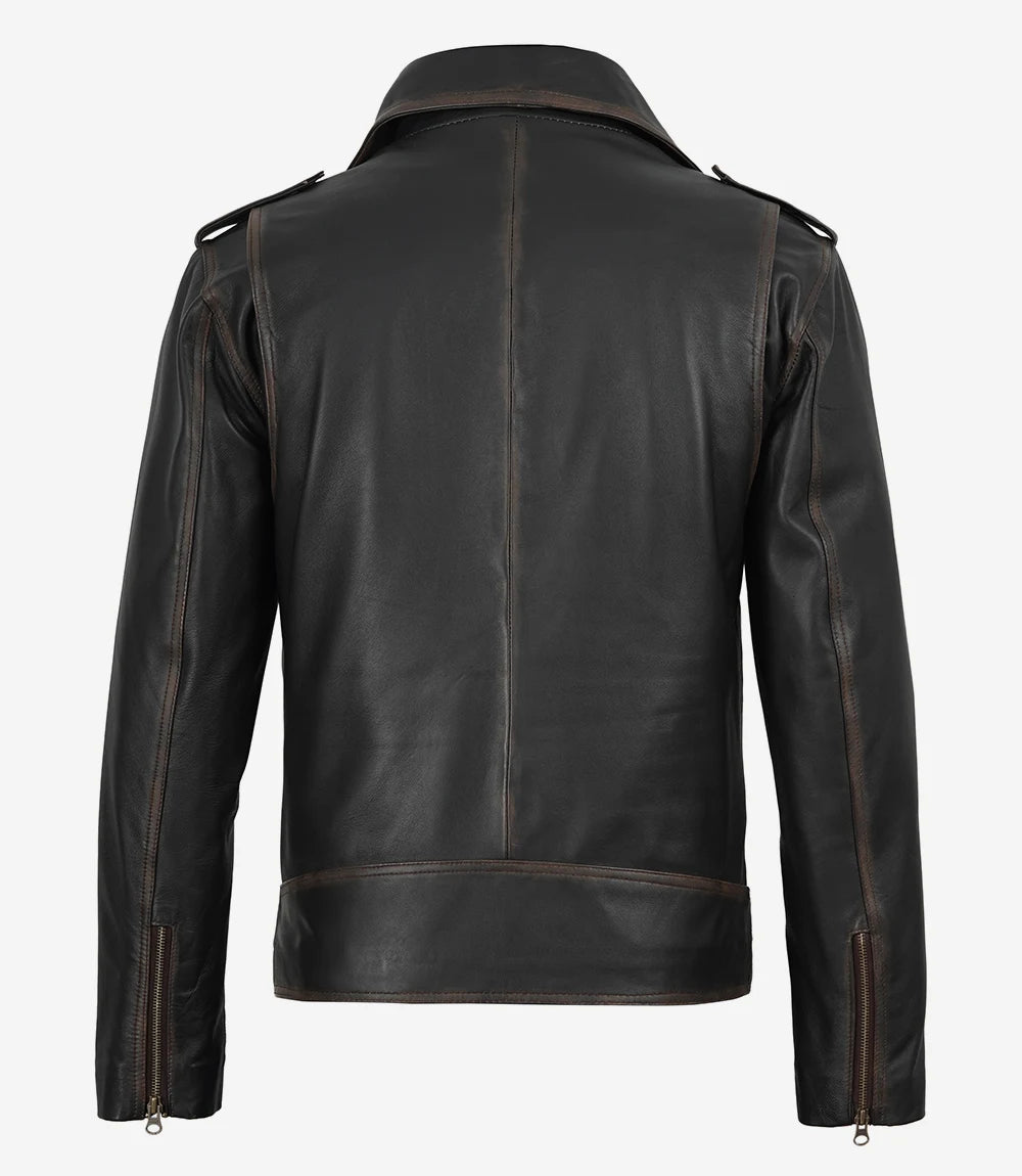 Men's Distressed Dark Brown Leather Biker Style Jacket with Belt
