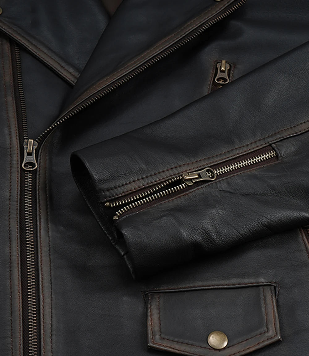 Men's Distressed Dark Brown Leather Biker Style Jacket with Belt
