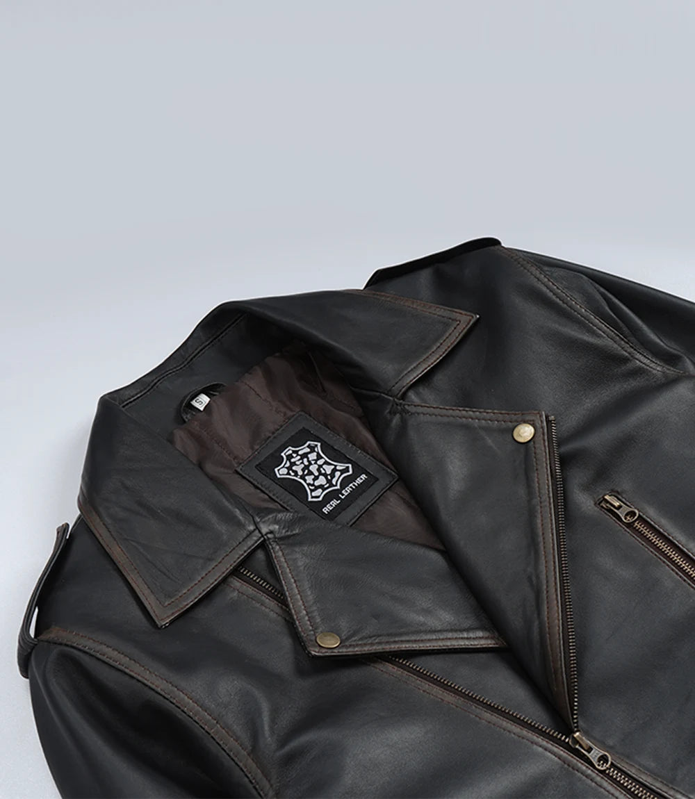 Men's Distressed Dark Brown Leather Biker Style Jacket with Belt