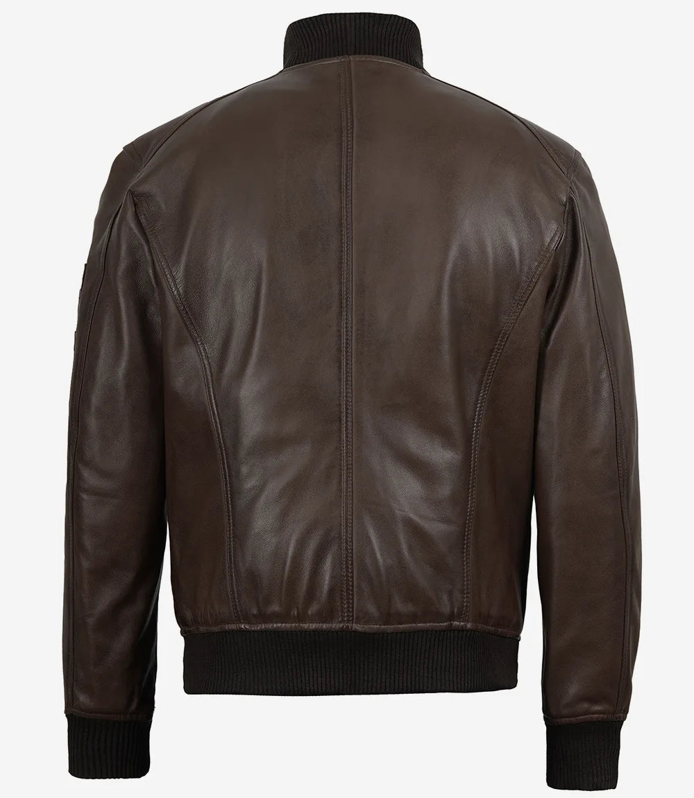 Men's Dark Brown Leather Bomber Jacket with Ribbed Collar