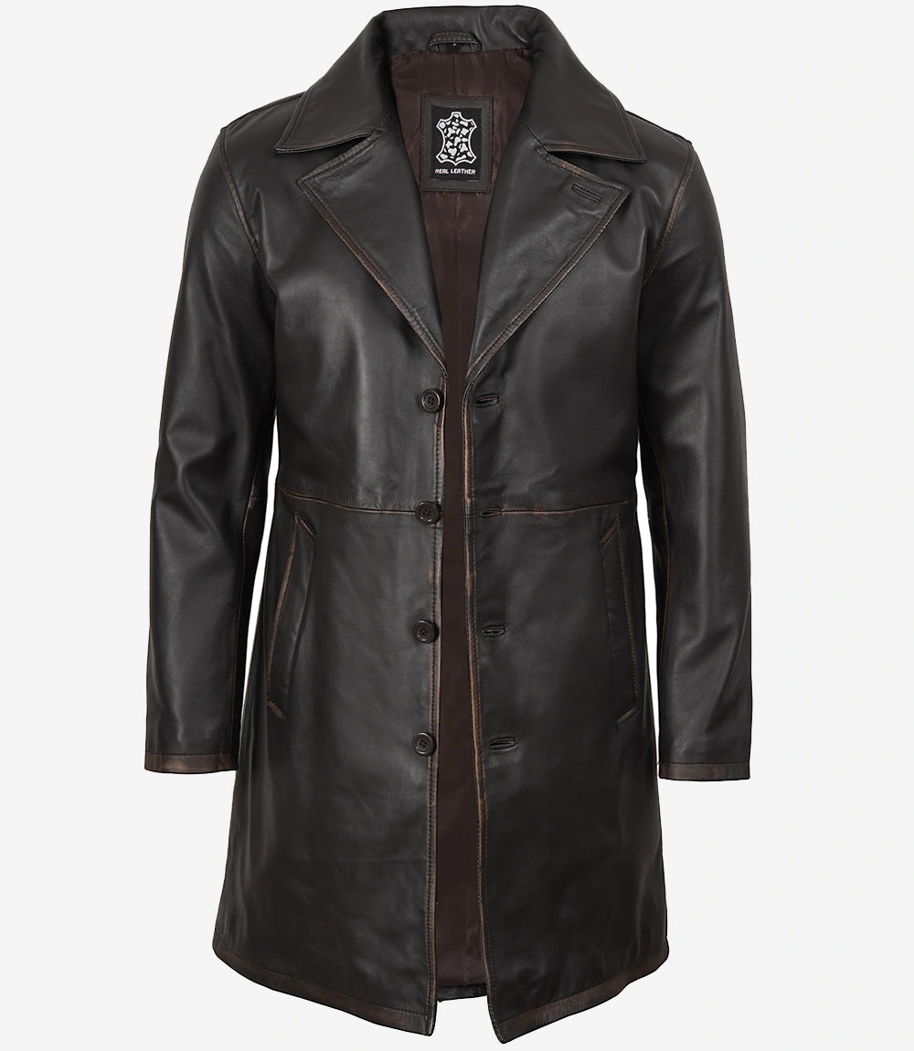 Herren-Automantel aus echtem Leder im Used-Look, Braun