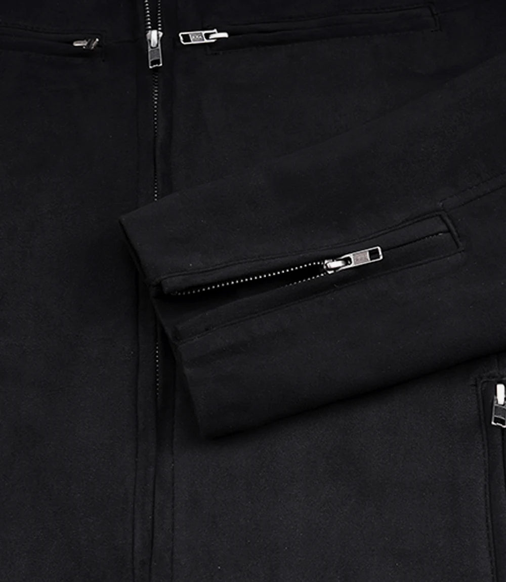 Men's Black Faux Suede Biker Style Jacket – Erect Collar Zip Closure