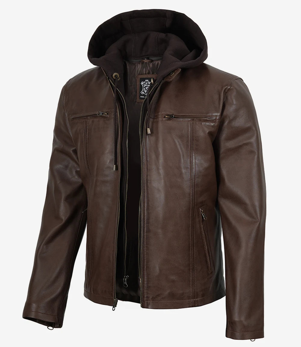 Mens Dark Brown Biker Style Leather Jacket with Hood