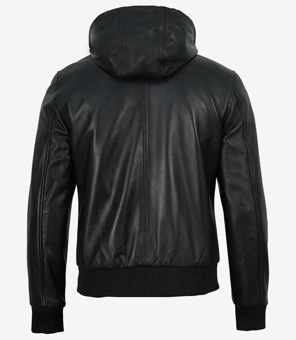 Mens Black Hooded Leather Bomber Jacket - Letterman Style