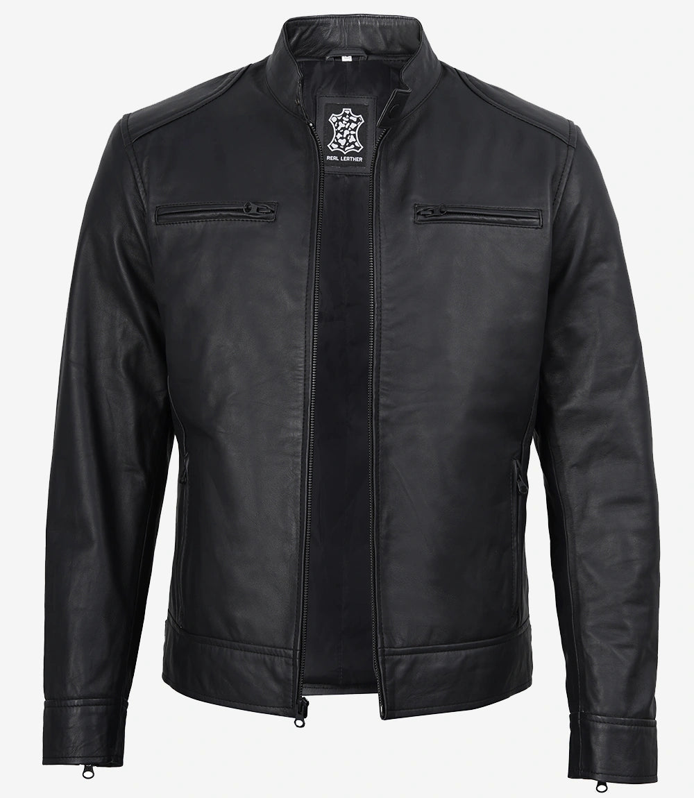 Mens Real Leather Matte Black Jacket - Biker Style