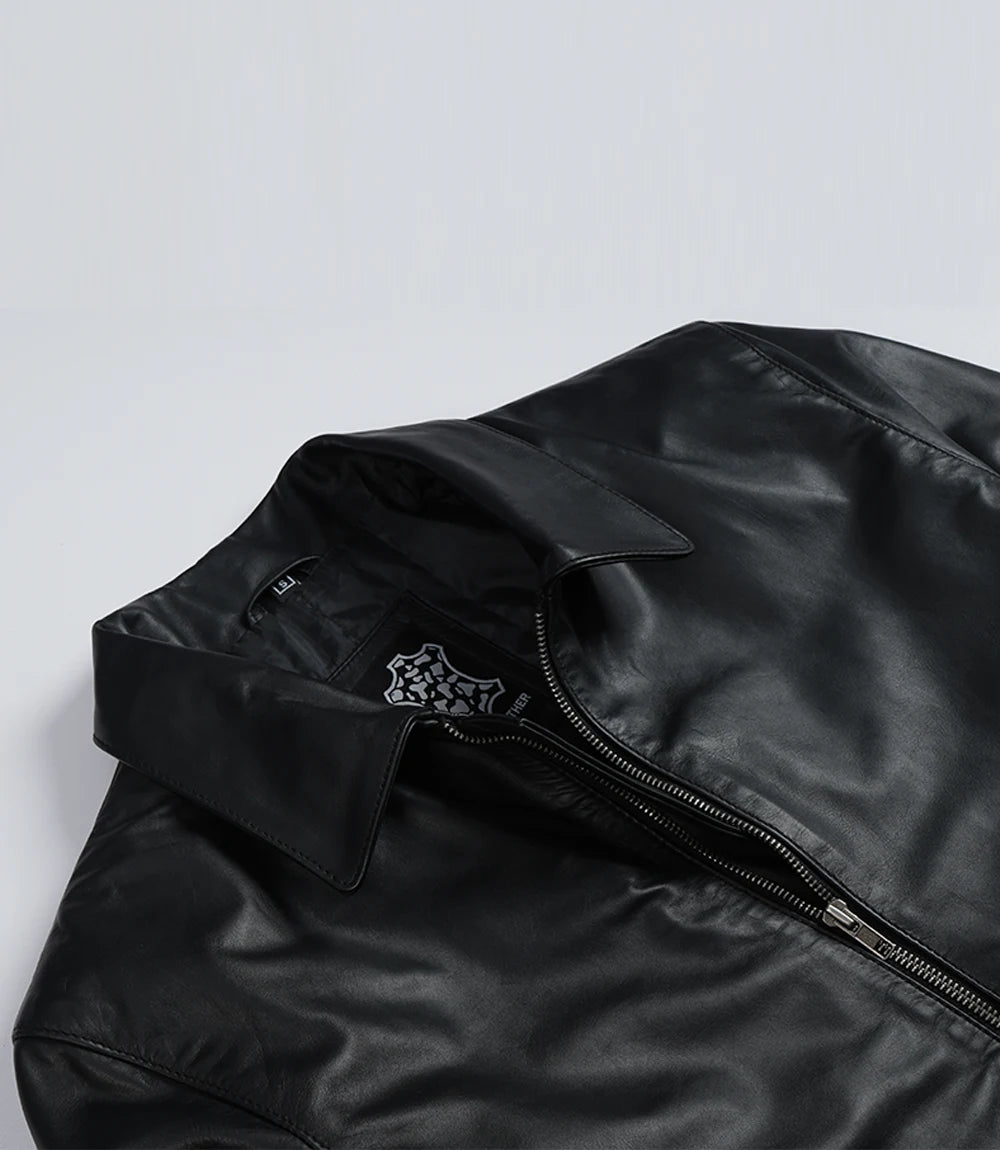 Michael Men's Black Cowhide Leather Jacket with Shirt Collar